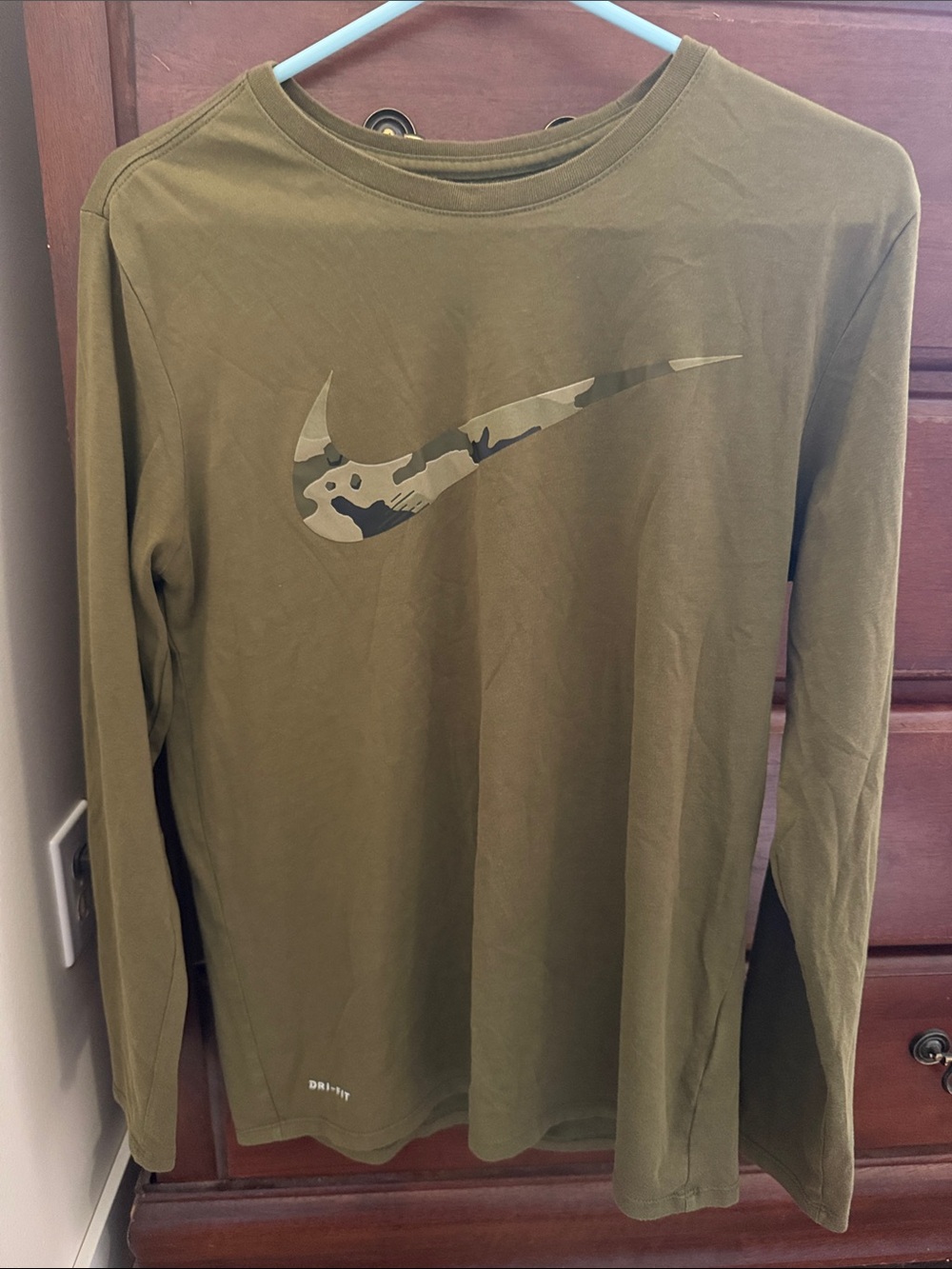 Nike Olive Green Long Sleeve Tee with Camo Swoosh